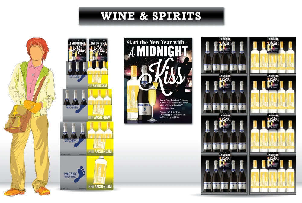 A case card, shelf talker and posters were given to north east liquor store and grocery store locations promoting the New Years Eve cocktail.&nbsp;