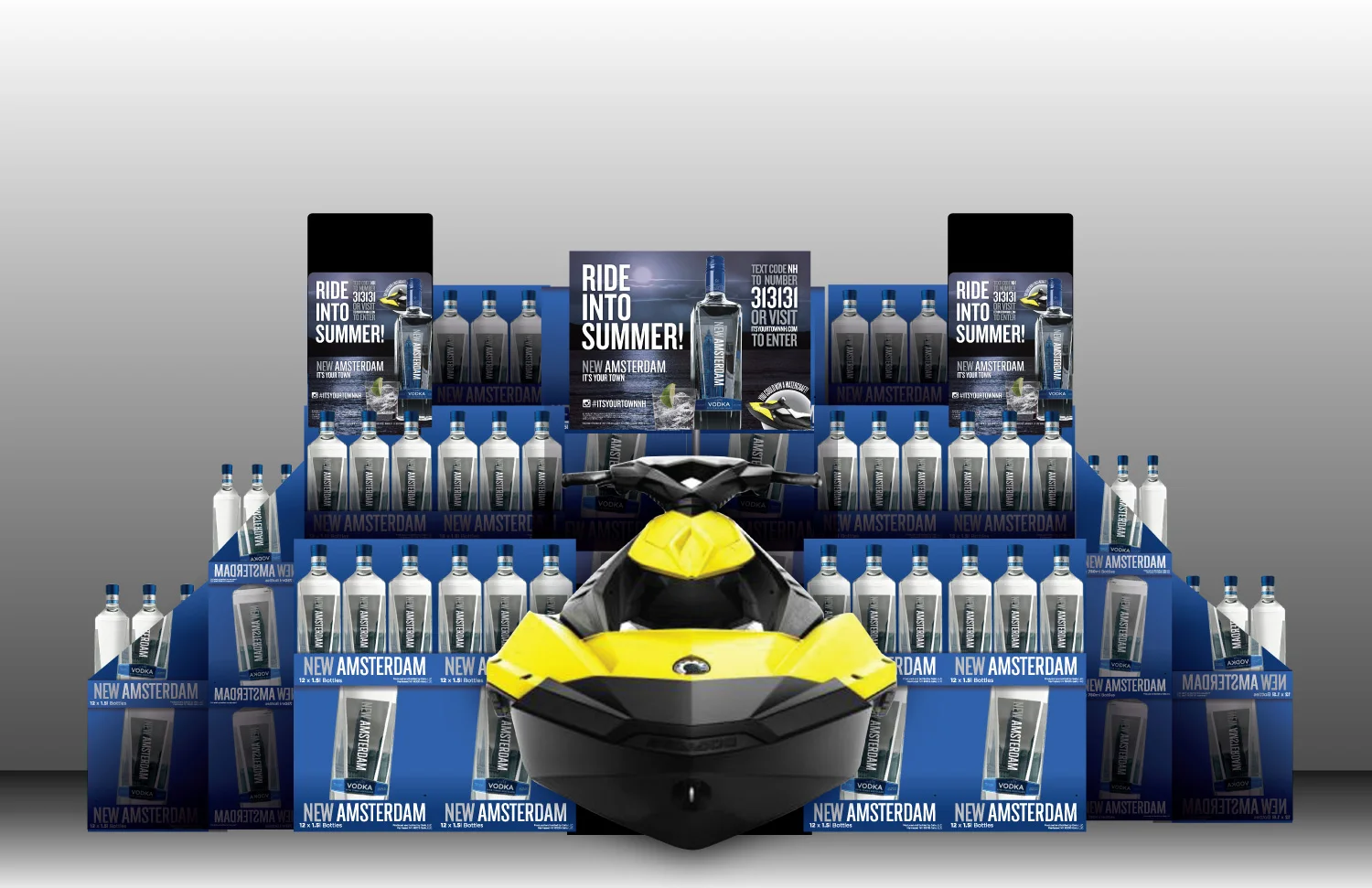 A case card, pole toppers and a fabricated jetski were given to New Hampshire grocery and liquor store locations promoting the contest.&nbsp;