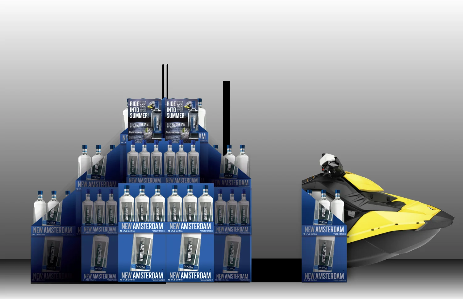 A case card, pole toppers and a fabricated jetski were given to New Hampshire grocery and liquor store locations promoting the contest.&nbsp;