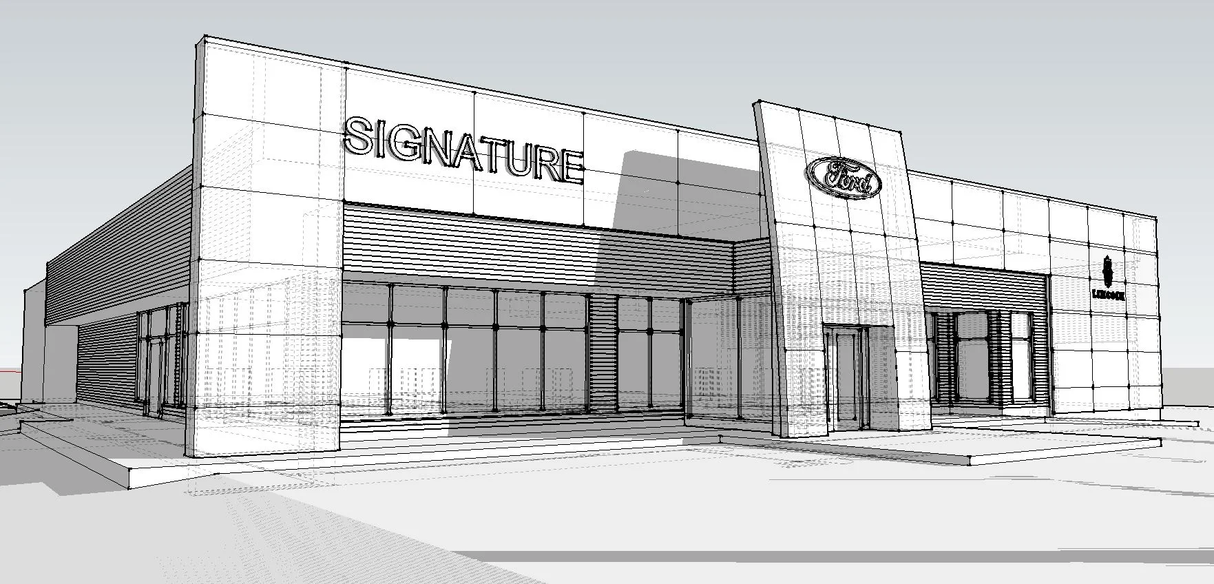 The proposed facade improvements implementing Ford Lincoln image standards.