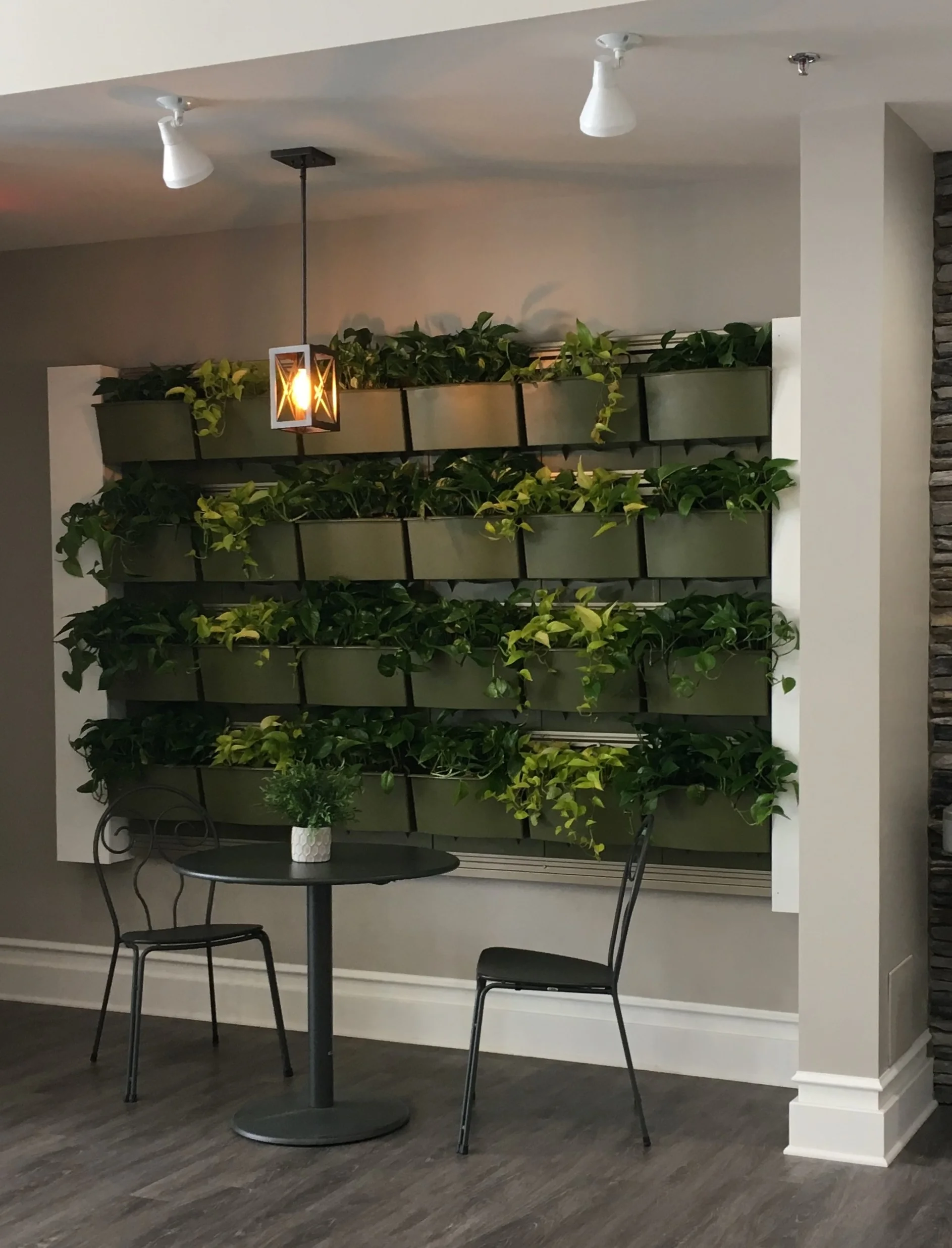 Living plant walls help to bring in color and interest to make this sitting area much more inviting.