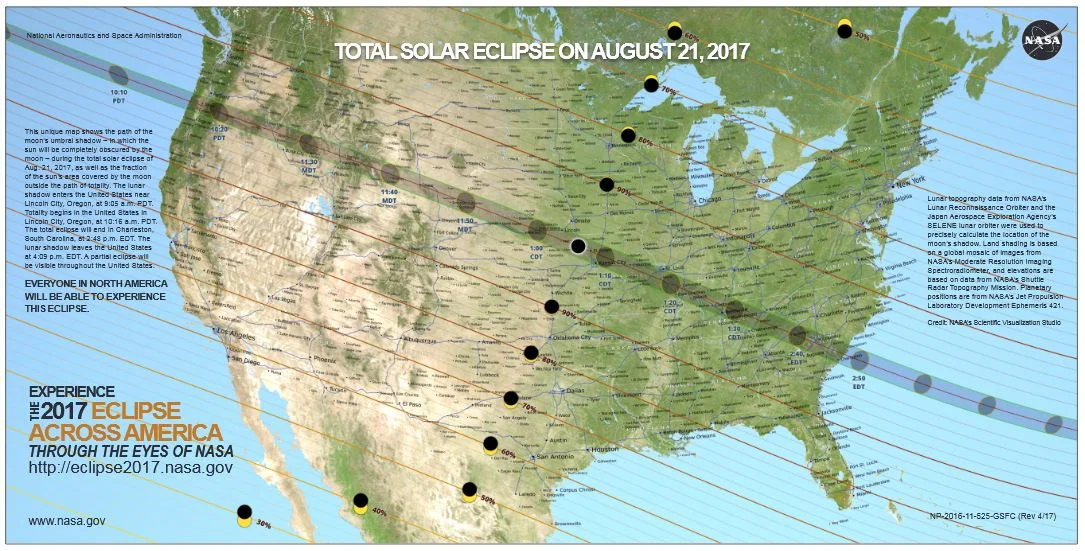 Path of the 2017 Eclipse Across America. Click to see enlarged map (image courtesy of NASA).