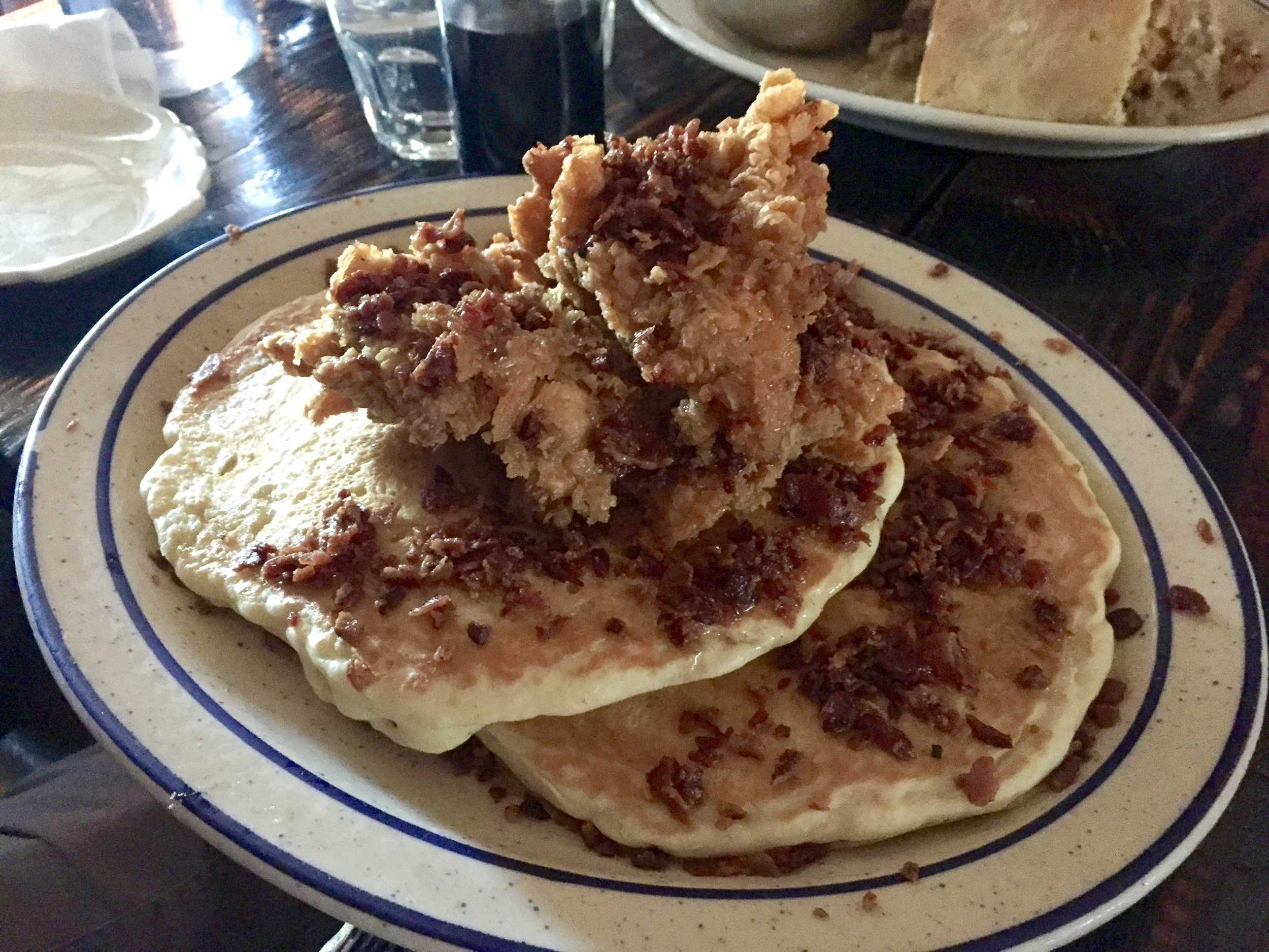 Fried chicken, bacon, and pancakes