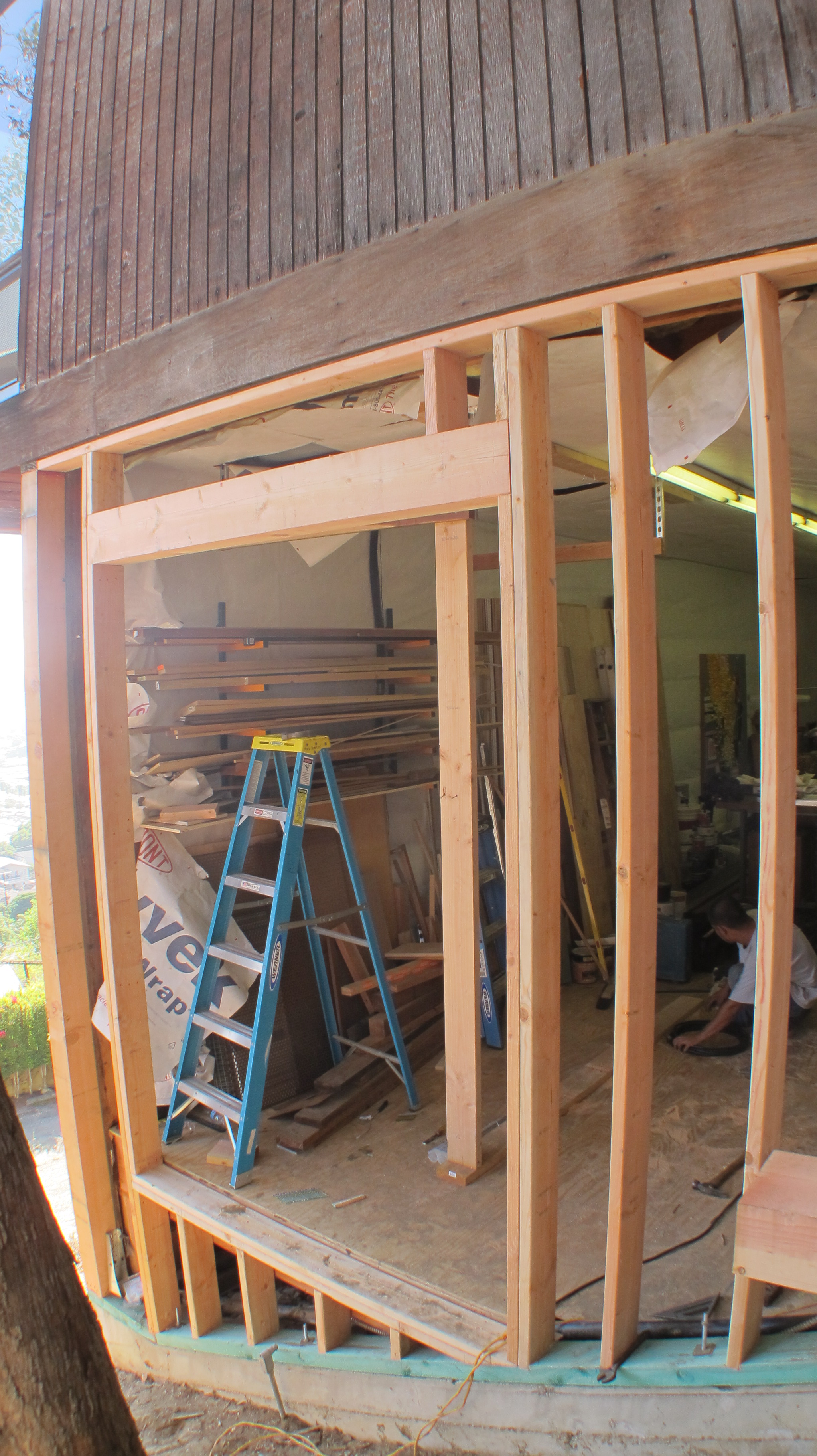  Here's a shot of the new 2x6 wall framing. Each stud that will be visible rests in a "birdsmouth" notch cut in the bright green 3x pressure treated bottom plate. That plate is secured to the foundation with new anchor bolts epoxied into the foundati