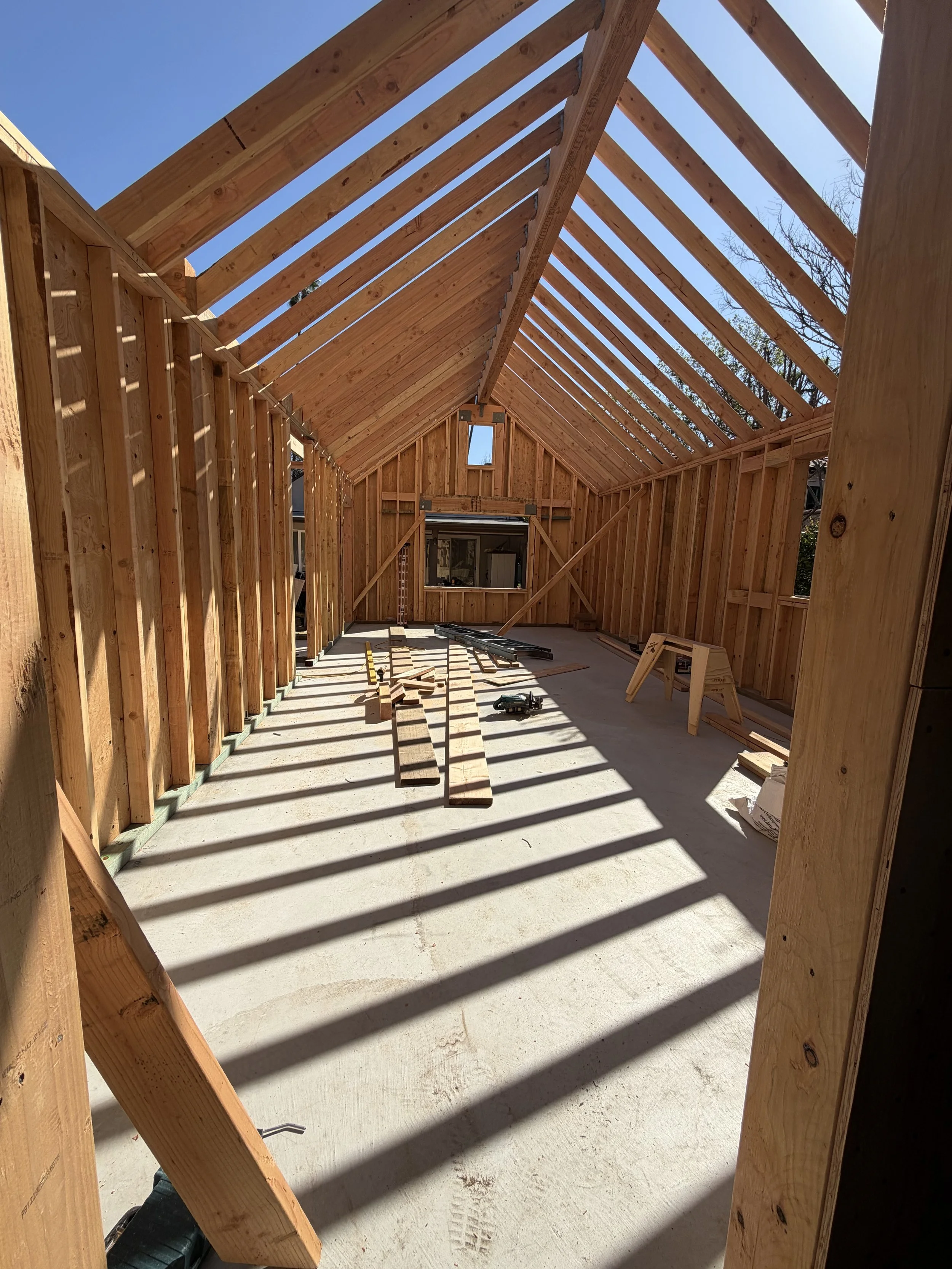 framing of vaulted ceiling in a tudor style ADU in pasadena. Historic preservation overlay zone
