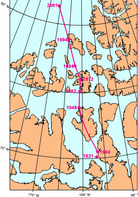 Lokacije magnetnega severnega pola med leti 1831 in 2001. Vir: science.nasa.gov