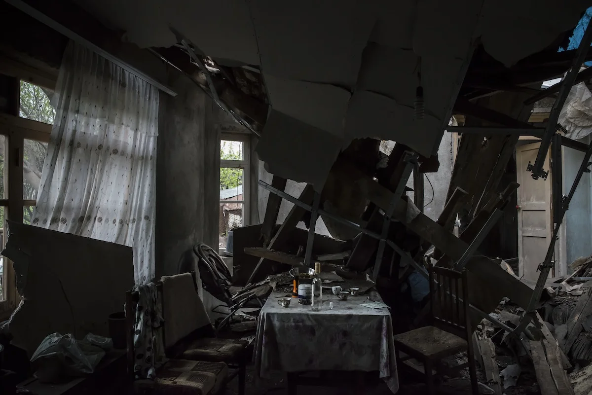 The house of Hermine Sahakyan, 30, and her family in Talish village, was hit twice during the five-day war. Shelling destroyed her children’s bedroom on April 2, and another one ruined the living room on April 5. The family escaped the house in the night of April 2, several hours before the first shell hit it.