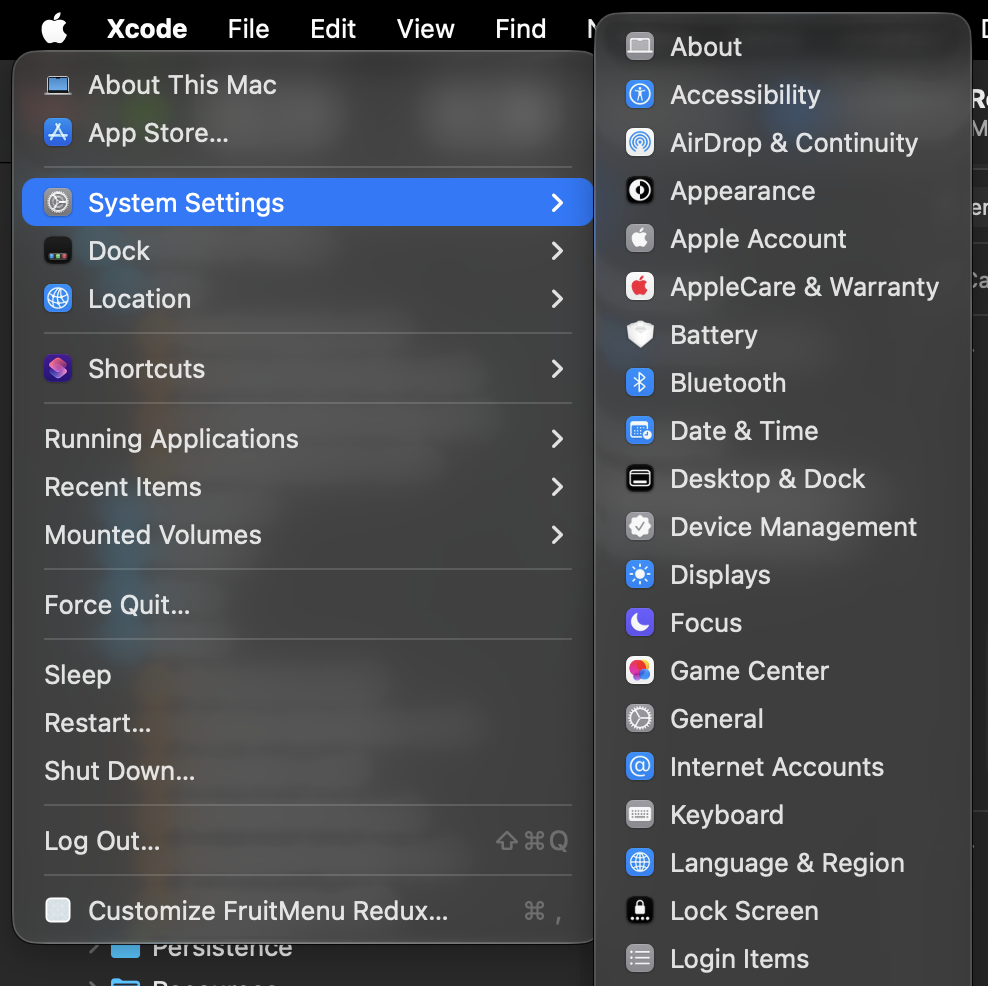 FruitMenu Redux’s menu with system settings expanded