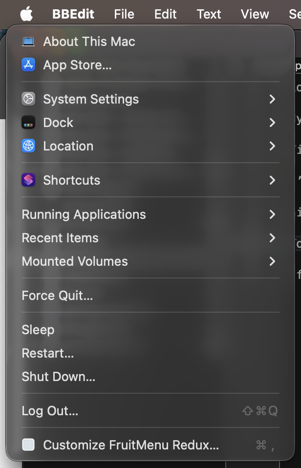 FruitMenu Redux’s menu, replacing the Apple Menu