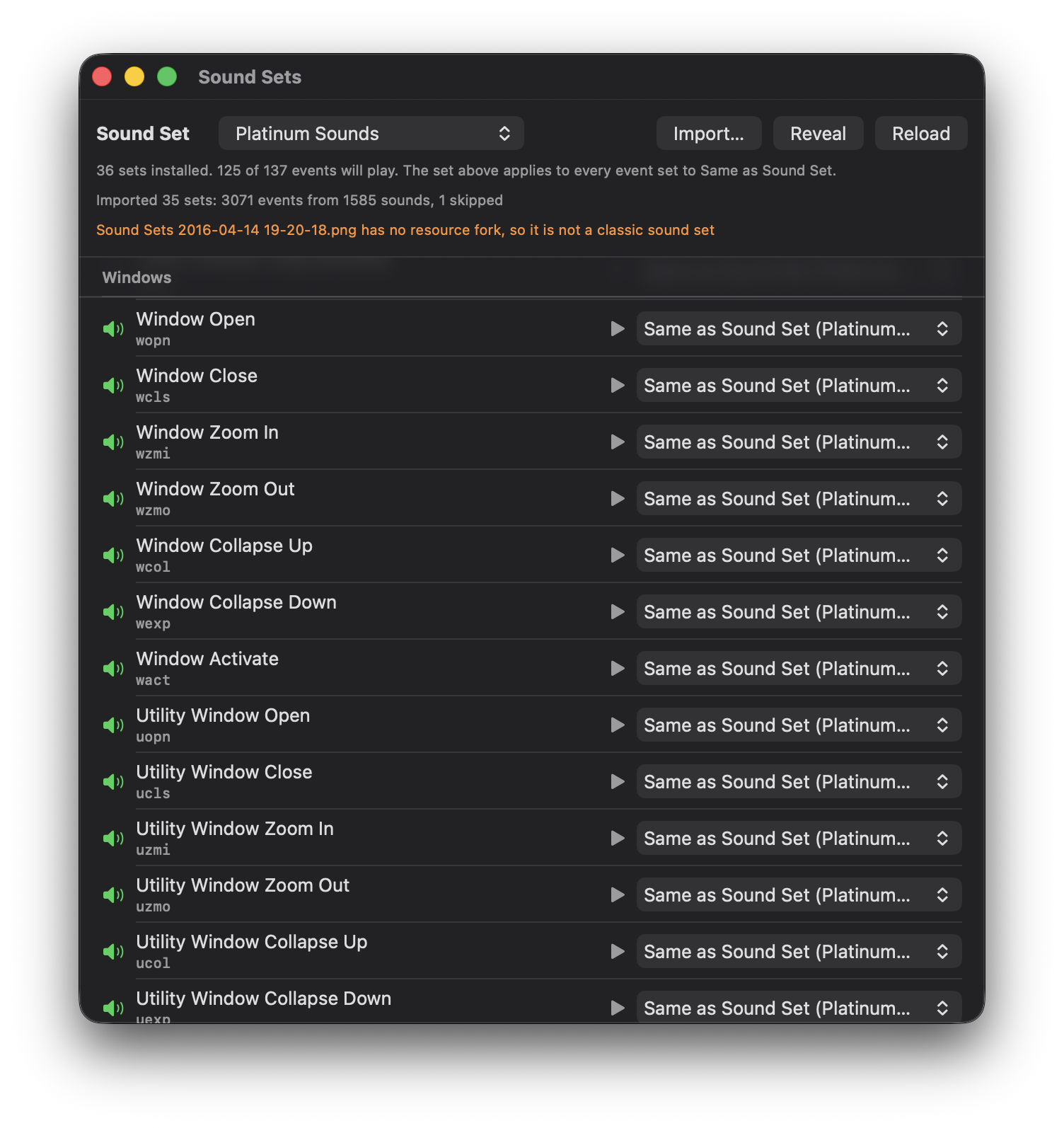 A screenshot of a listing of events in a Xoundset