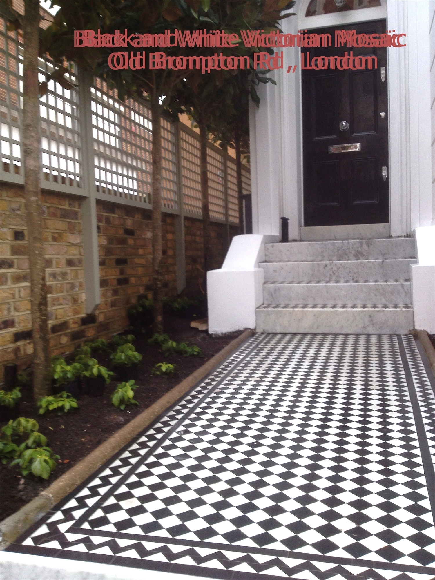 001 Black &amp; White Chequer Mosaic with Black Zig Zag Border