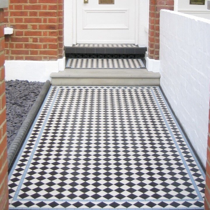 Add a little colour to your black &amp; white chequer pathway. Black diamond border with blue lines #bluelines #victorianstyle #victoriantiles #victorianhouse #victorianfloortiles #victorianmosaictiling #victorianterrace #geometrictiles #pathway #hal