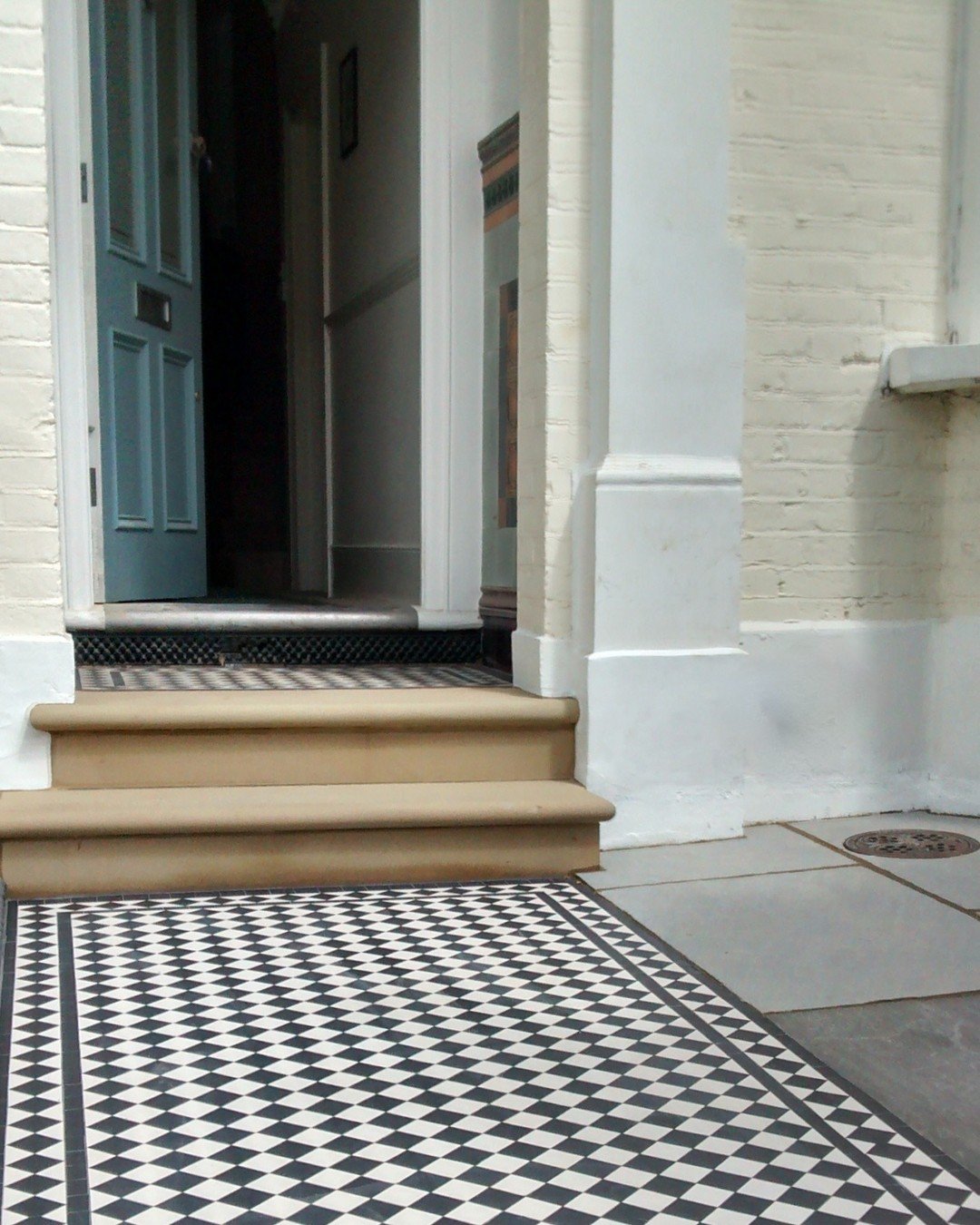 Black &amp; White Chequer with Black Diamond Border - call or email for quote #victorianpath #victorianstyle #victorianhouse #victorianfrontdoor #victorianporch #victoriangarden #victorianhouse #blackwhitetiles #mosaicpath #frontgarden #landscapingid