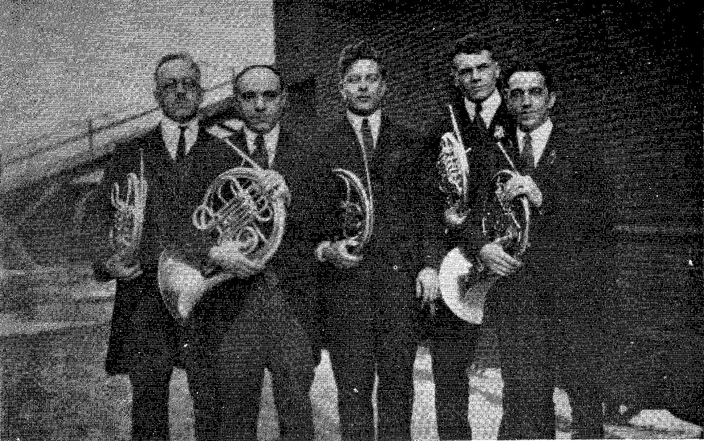 Cleveland Orchestra Horns, 1921-22 L. to R. Alphonse J. Pelletier, Emilio Stango, Robert H. Brown, Wendell Hoss, Frank de Polis.