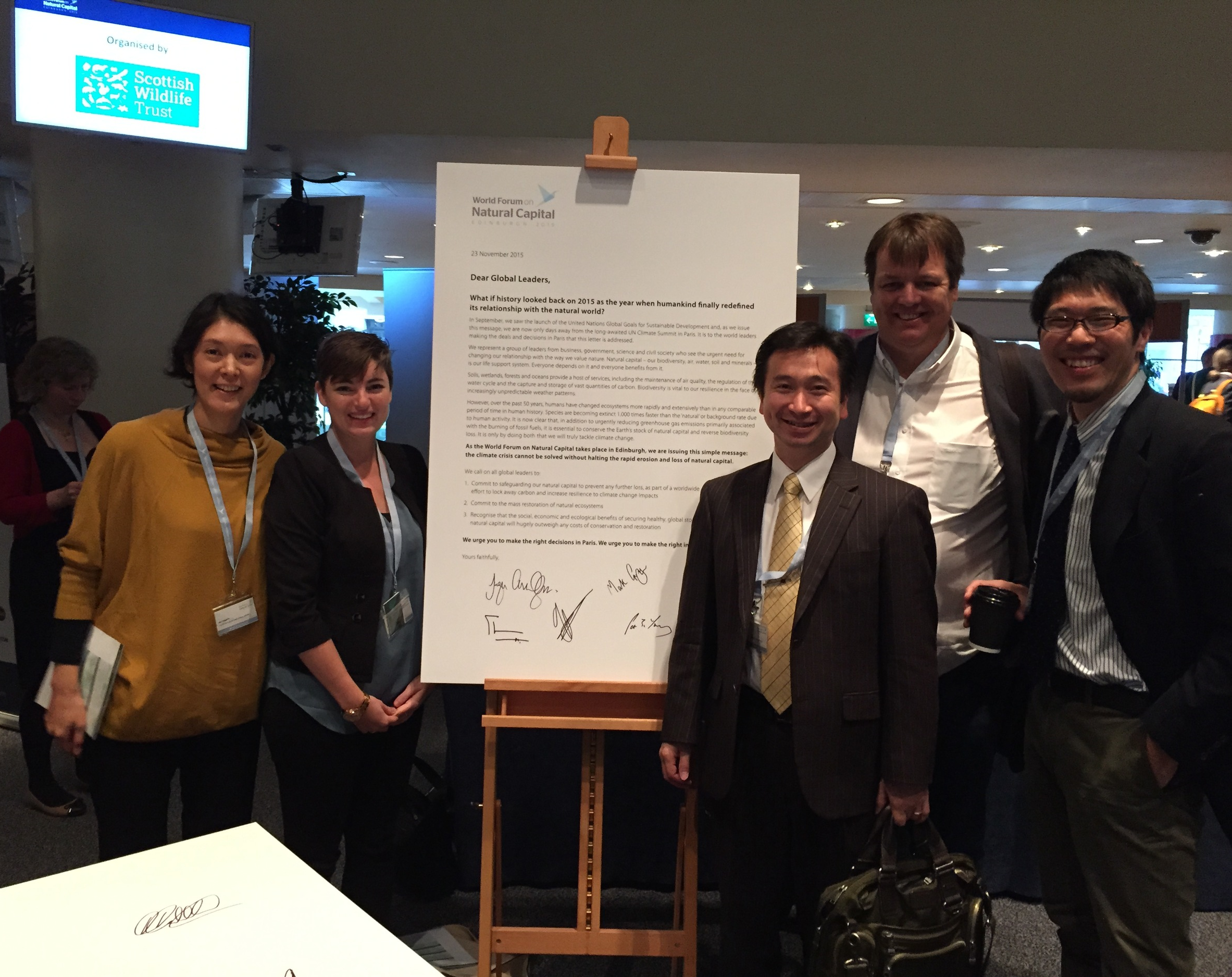 Conservation international staff (left to right): Aya Uraguchi, dr. kim reuter, YOJI NATORI, JACO VENTER and YASUSHI HIBI at the world forum on natural capital in scotland. photo courtesy of dr. kim reuter 