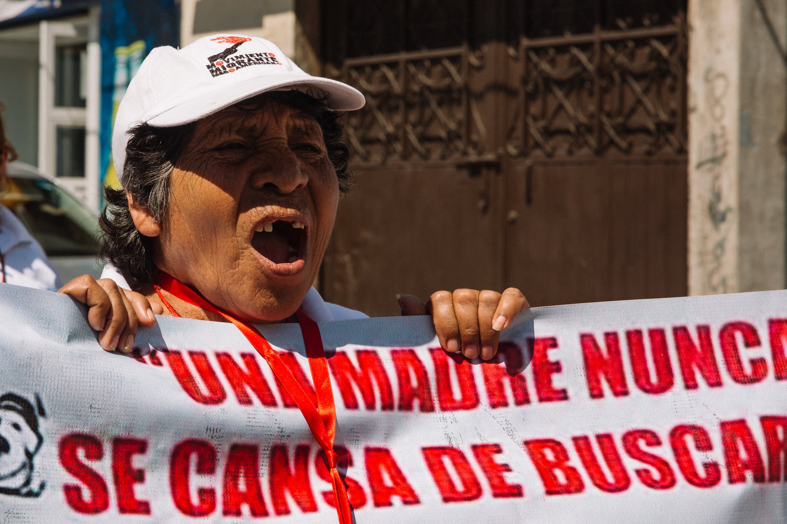  Manuela de Jesus Franco de Rodriguez, a mother from Honduras, raises her voice in a public protest in San Cristobal de las Casas, Chiapas, demanding justice for her missing son. This marks the third year that Manuela has traveled with the caravan in