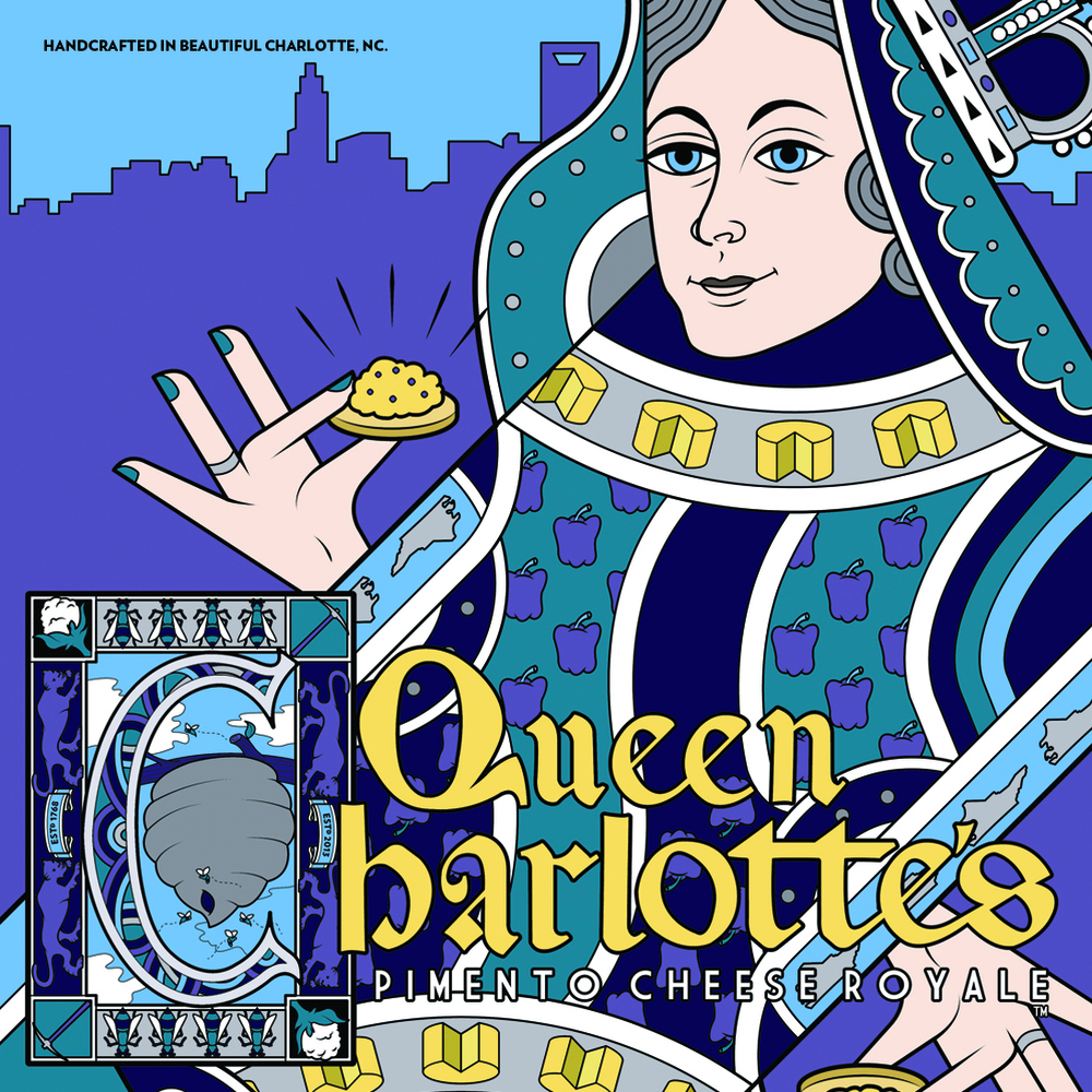 The label for our original Pimento Cheese Royale. We also have "Her Royal Hotness" (jalapeño), "Black and Bleu Blood" (blue cheese), and "Baconham Palace" (bacon) flavors. I designed the logo, which is chock full of Carolinian-iconography. 