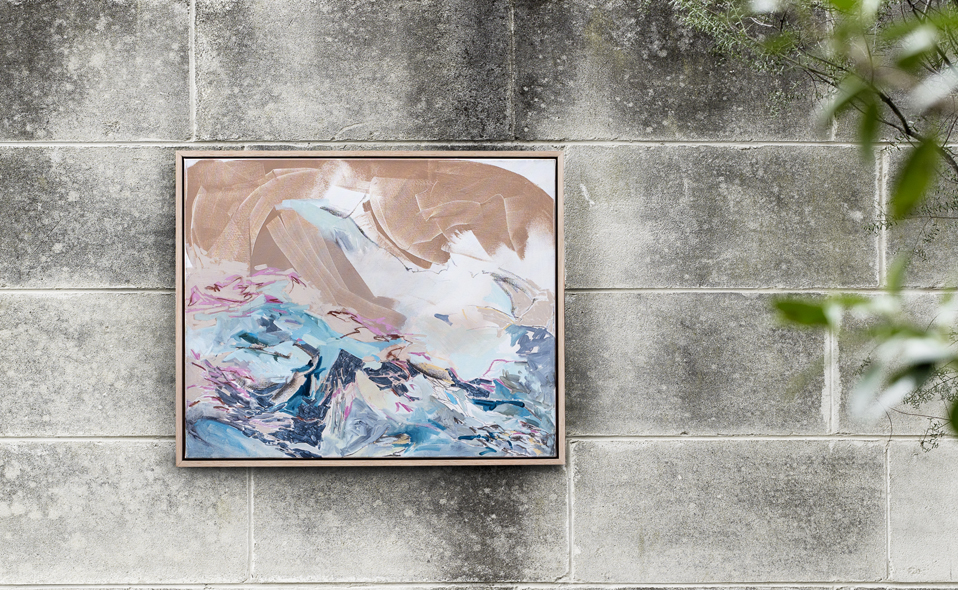   AERIAL II  Oil and Mixed media on canvas , 80cm x 65cm. 2016. Framed in Tasmanian hardwood. SOLD   Photography Location: Heide Museum of Modern Art | Photographer: Martina Gemmola ArtDirection: Ruth Welsby 