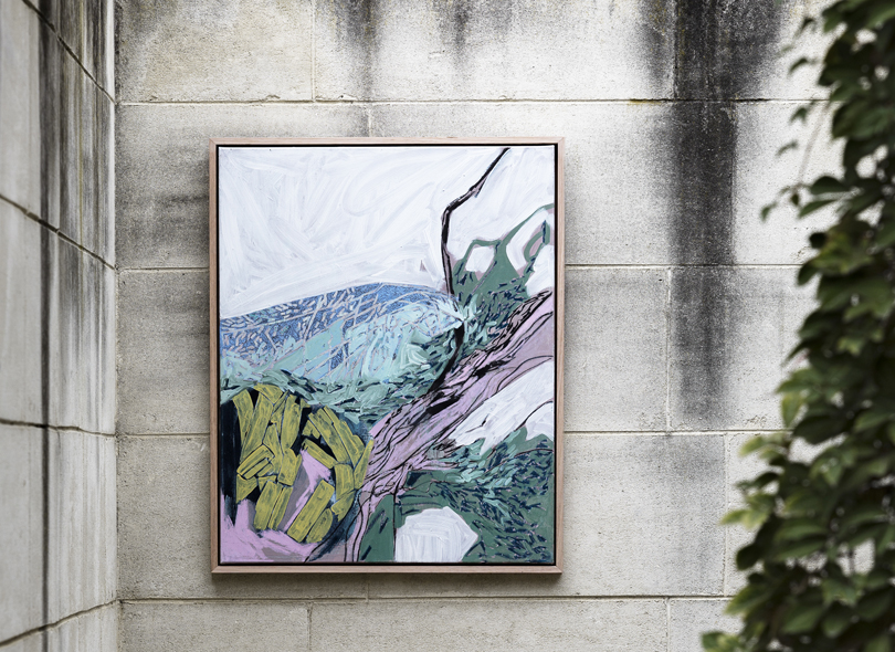   VERTICAL DESCENT  Oil and Mixed media on canvas , 80cm x 65cm. 2016. Framed in Tasmanian hardwood. SOLD   Photography Location: Heide Museum of Modern Art | Photographer: Martina Gemmola ArtDirection: Ruth Welsby 