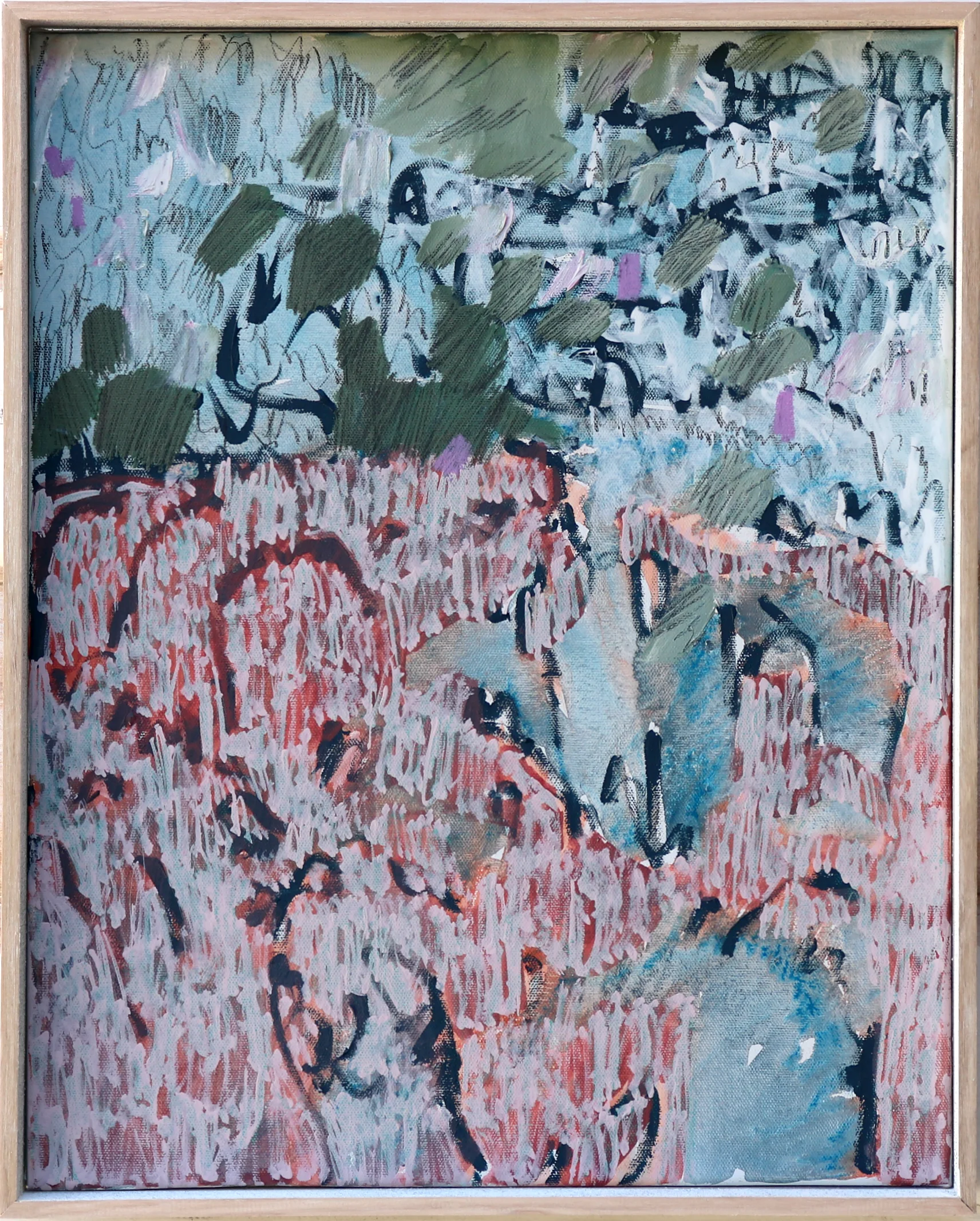 FAR IV Oil, acrylic, gesso, graphite and prismacolour pencil on canvas. Framed in raw Tasmanian hardwood float frame. 42.5cm x 52.5cm. 2019 Available through Curatorial and Co