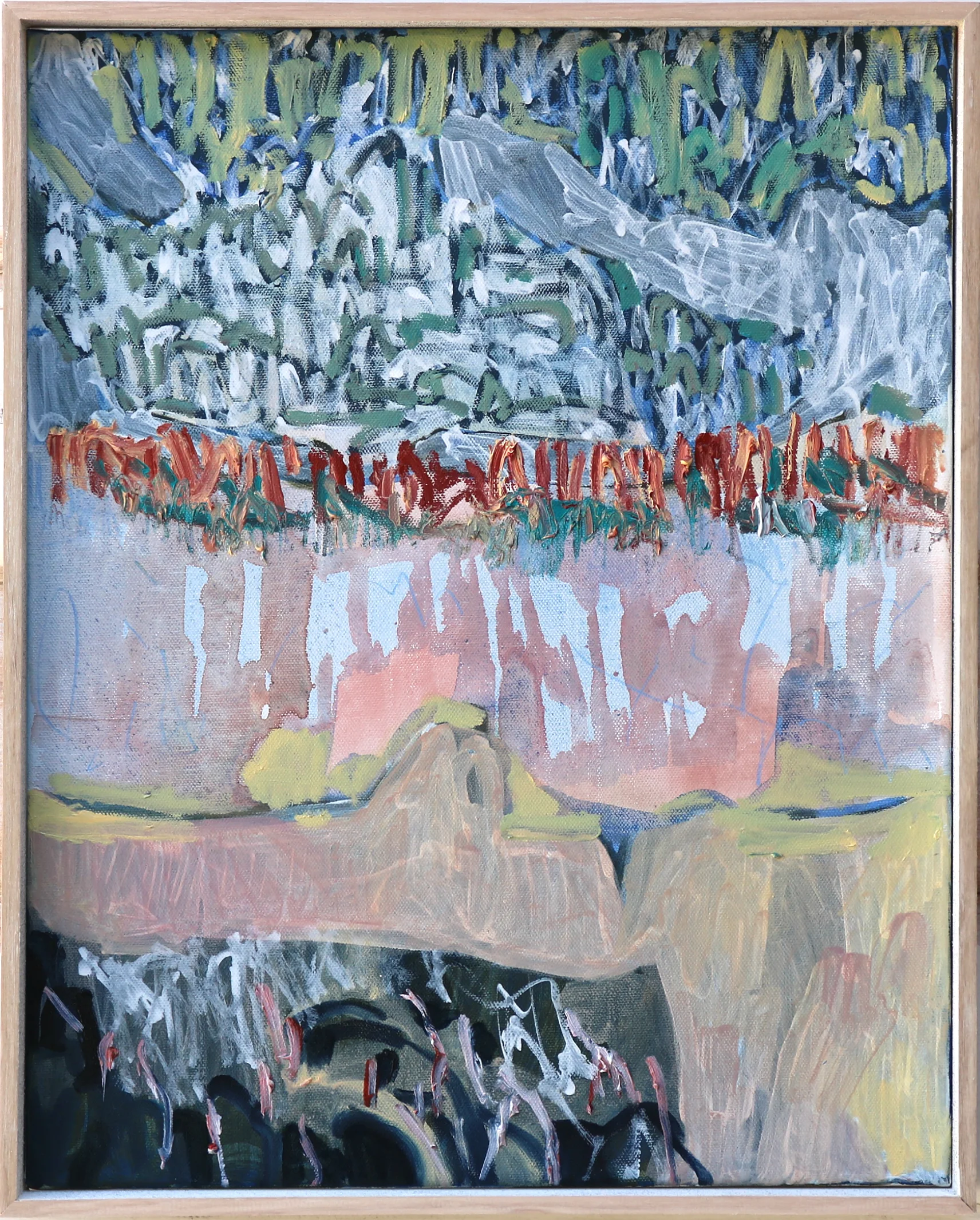 FAR V Oil, acrylic, gesso, graphite and prismacolour pencil on canvas. Framed in raw Tasmanian hardwood float frame. 42.5cm x 52.5cm. 2019 SOLD
