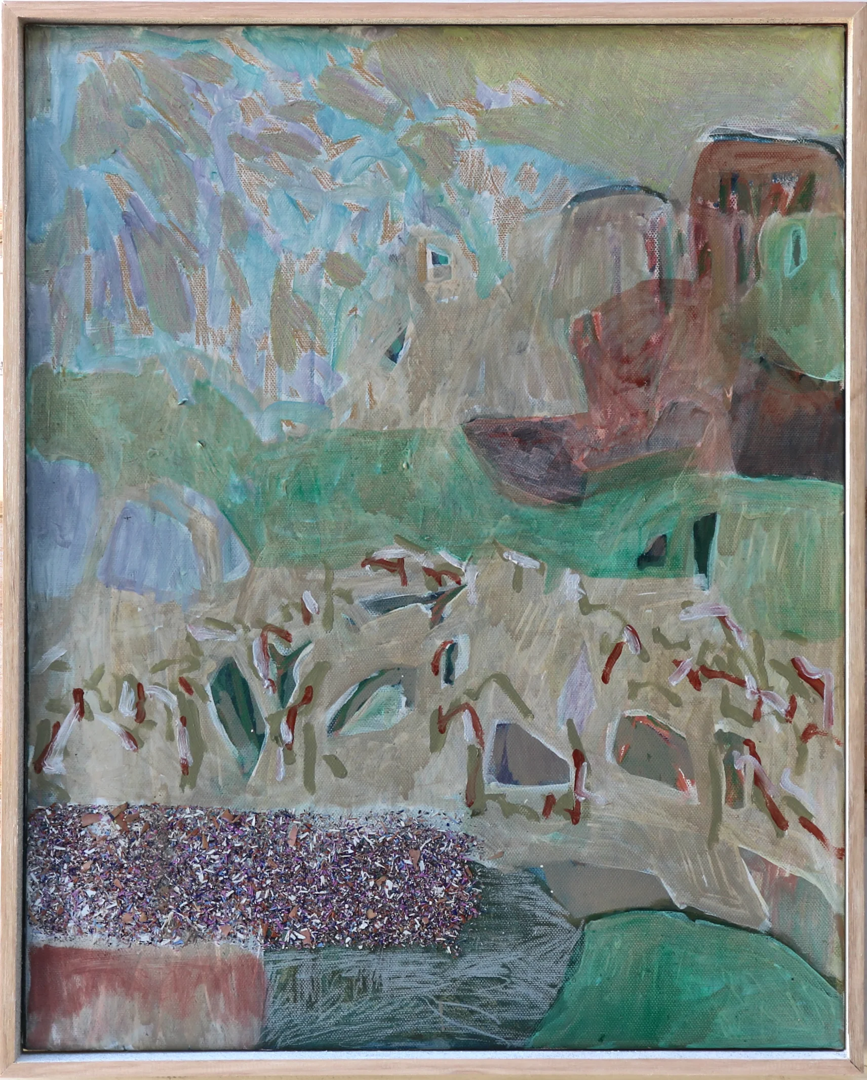 FAR IX Oil, acrylic, gesso and prismacolour pencil on canvas. Framed in raw Tasmanian hardwood float frame. 42.5cm x 52.5cm. 2019 PURCHASE HERE