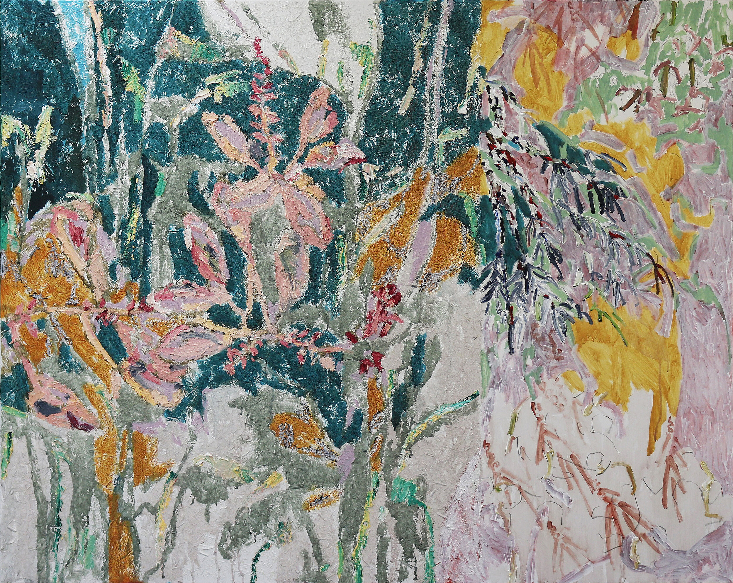   ORCHIDS AND PLANTS UNKNOWN  Acrylic, oil, graphite, prismacolour pencil and straw on cotton canvas. Unframed. 122cm x 152cm x 4cm. Enquire at  Curatorial and Co  