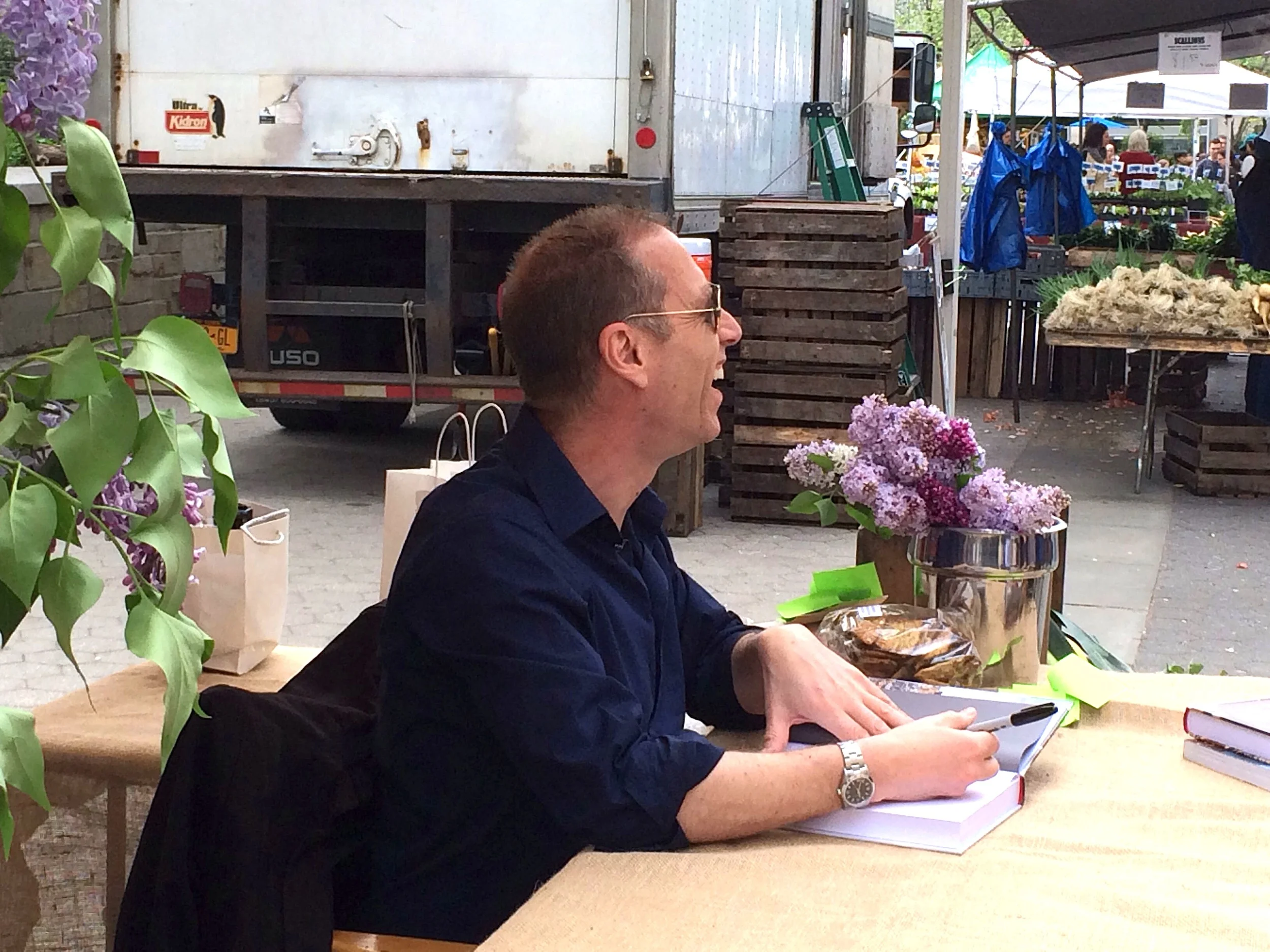 David Lebovitz at the Union Square Greenmarket in NYC, signing "My Paris Kitchen", his latest cookbook.