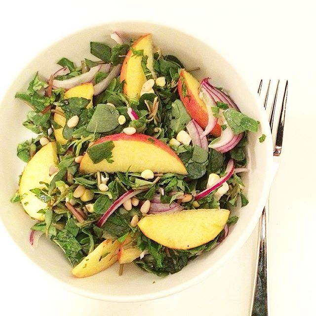 #summer in a bowl, a perfect and refreshing #marketfresh #salad for hot #meatlessmonday eves, and forever a fave from the @grownyc / @unsqgreenmarket cookbook: #peach - purslane salad with pickled ref onions. You can leave it as is or play around a l