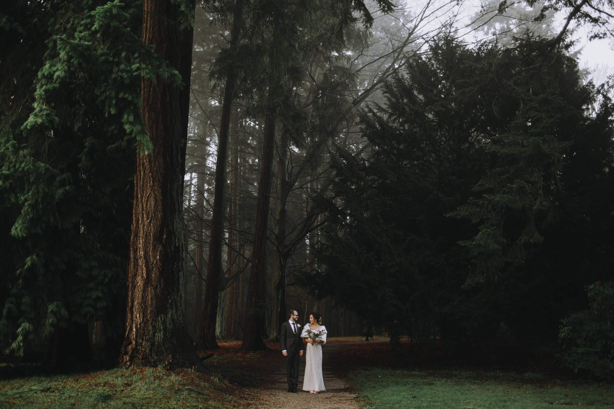 A couple dressed in wedding attire standing on a forest trail surrounded by tall trees and fog.