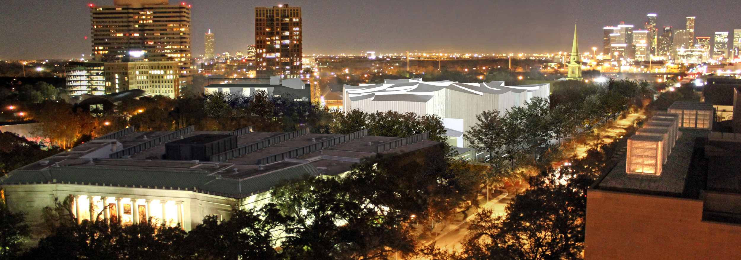 Model of the future Fayez S. Sarofim Campus of the Museum of Fine Arts, Houston,, from the perspective of Hotel ZaZa. The future Nancy and Rich Kinder Building (the white building) will be located directly across Main Street from St. Paul's.