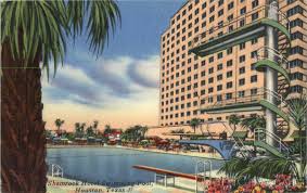 Postcard image of the legendary Shamrock Hotel and swimming pool, site of water ski shows and more. Now the site of the Texas A&M University Institute of Biosciences and Technology.