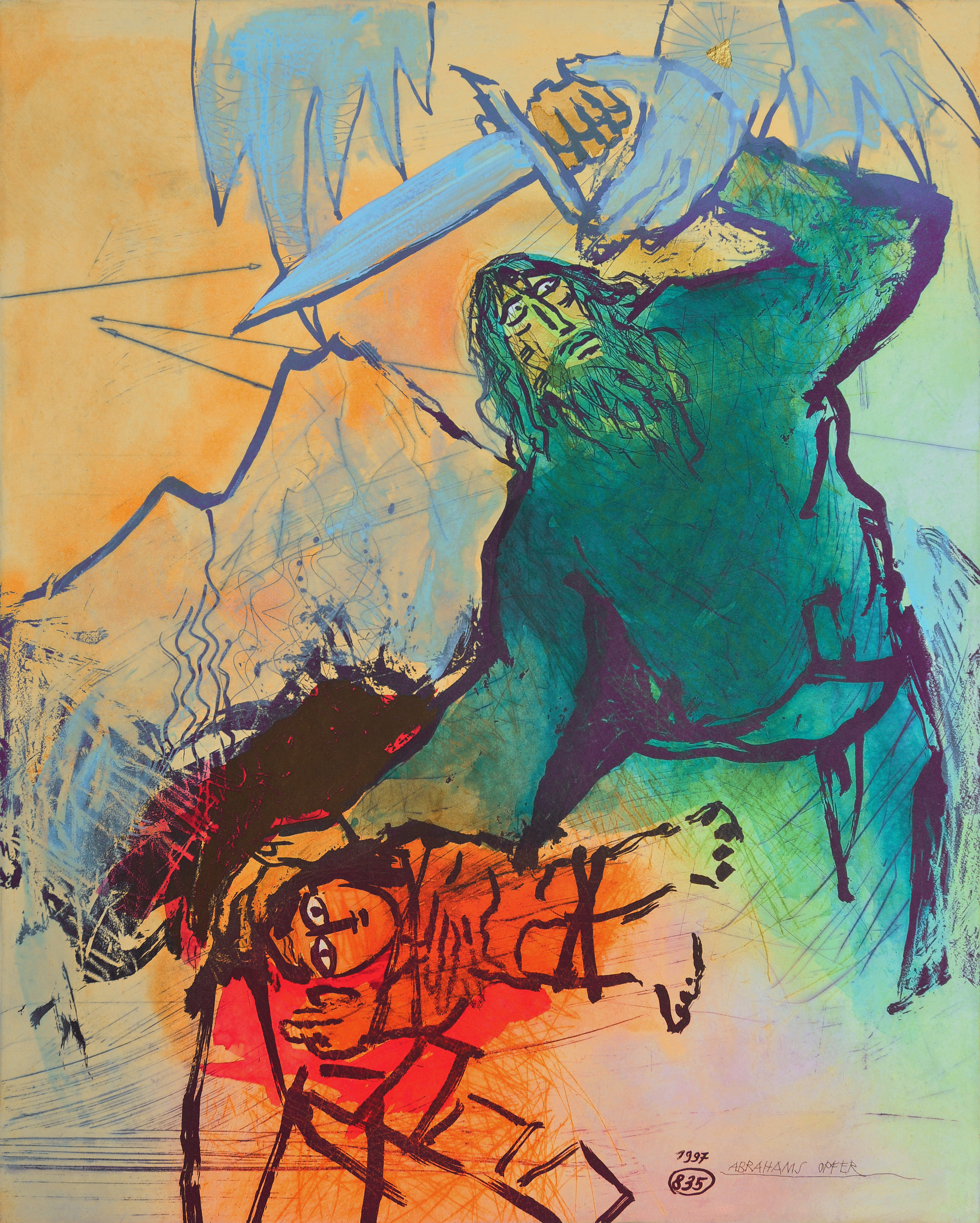 Abraham’s Sacrifice by Adi Holzer (Hand colored etching, 1997) 