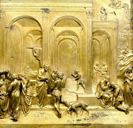 "Jacob and Esau" by Lorenzo Ghilber Gilded bronze panel in the Gates of Paradise doors, Bapistery of St. John in Florence, Italy 