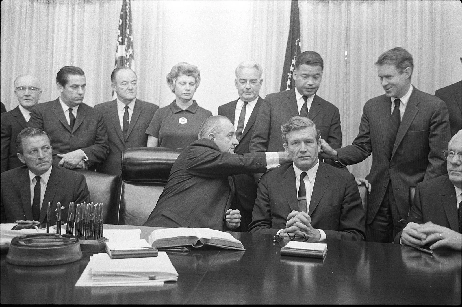 President Lyndon Baines Johnson with some members of the National Advisory Commission on Civil Disorders (Kerner Commission) in the Cabinet Room of the White House, Washington, D.C.