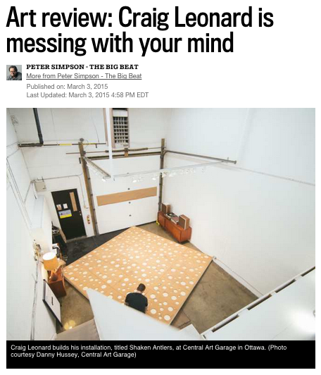 CRAIG LEONARD REVIEW IN OTTAWA CITIZEN Craig Leonard's exhibit 'Shaken Antlers' reviewed in the Ottawa Citizen by Peter Simpson.