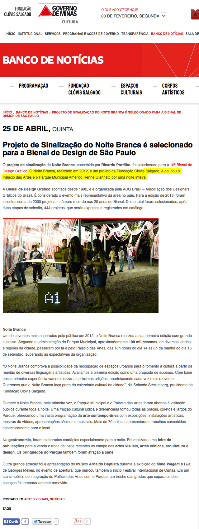Site Fundação Clóvis Salgado, Belo Horizonte, 25 de abril de 2013