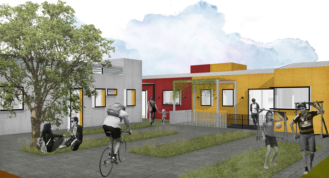 Vista de um conjunto de casas a partir da praça interna, configurando espaços públicos como extensões dos espaços privados