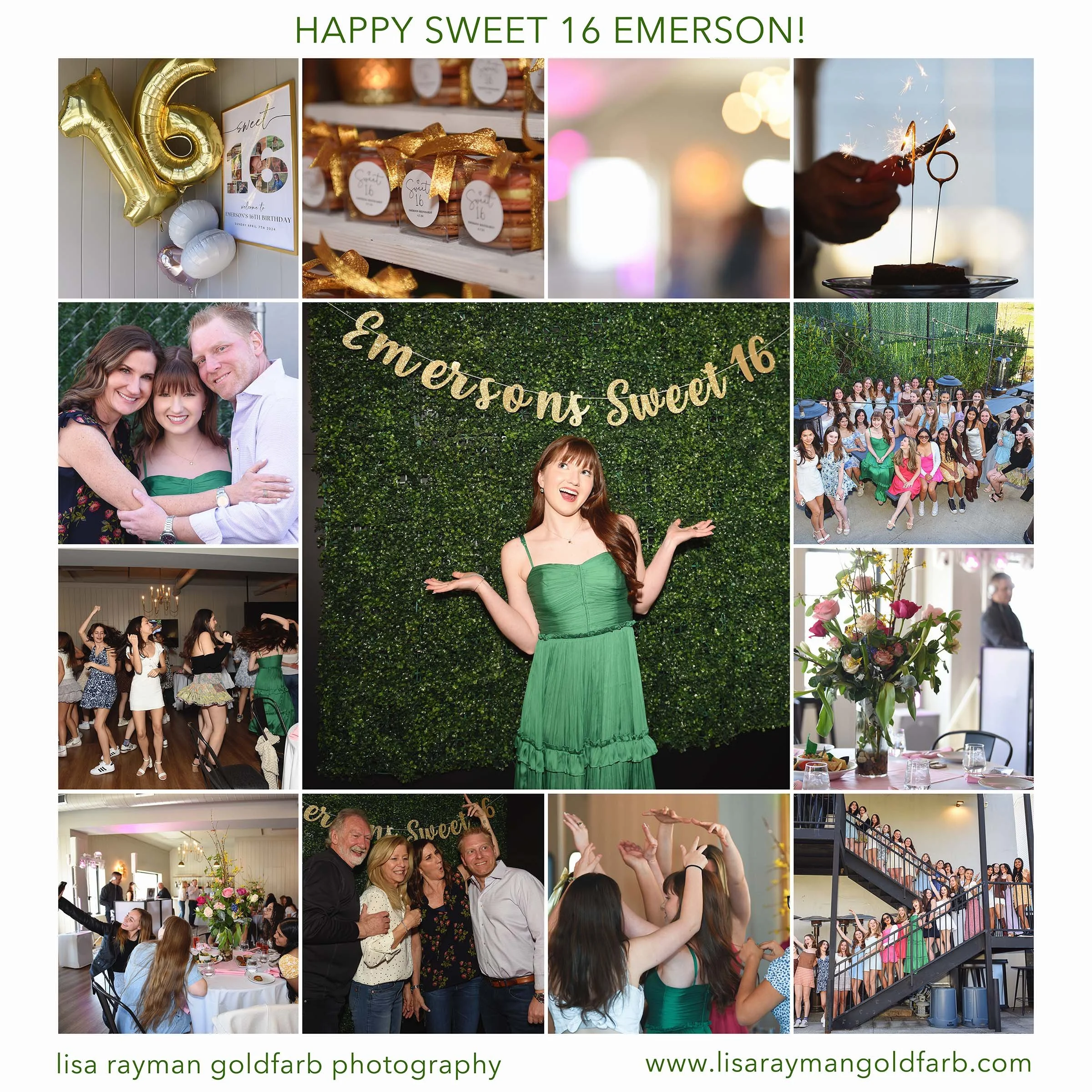 Collage of photos depicting a birthday celebration for Emmerson, including balloons, desserts, people dancing, and group photos, with a green