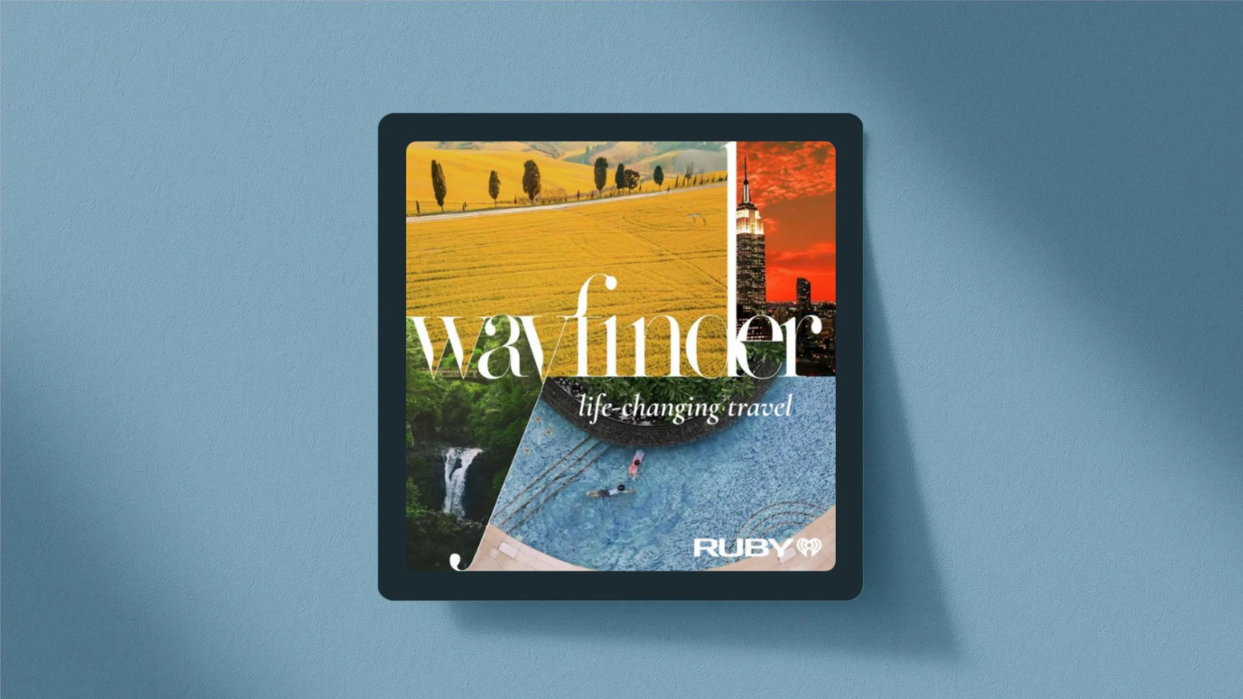 ruby "wayfinder" podcast cover, shown on square device on blue background