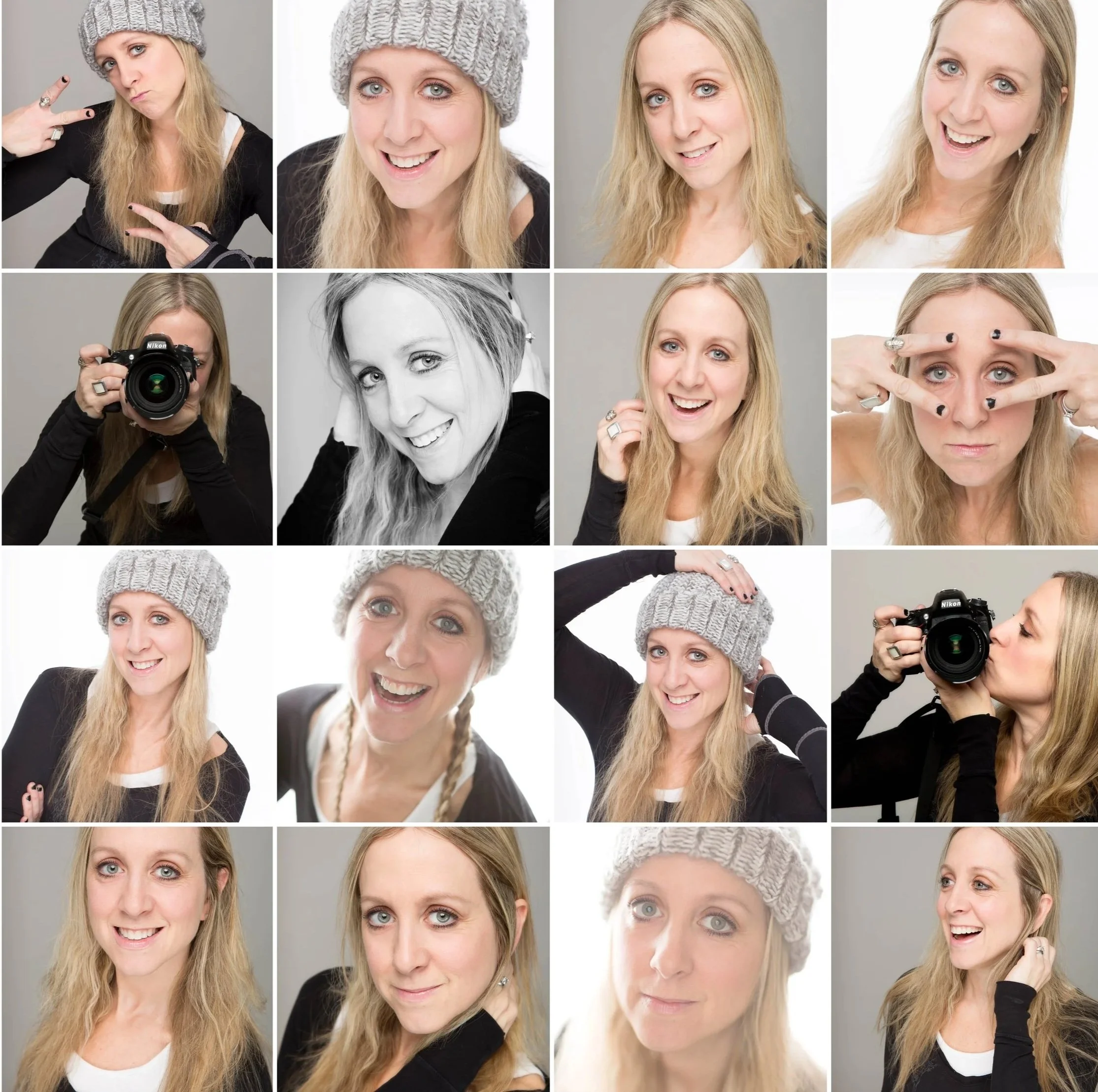 A collage of nine photos of a woman with long blonde hair, blue eyes, and fair skin, showing various facial expressions and gestures, including smiling, looking surprised, holding a camera, and adjusting her hair. She wears different outfits and accessories, including a gray knit beanie, a black shirt, and rings.