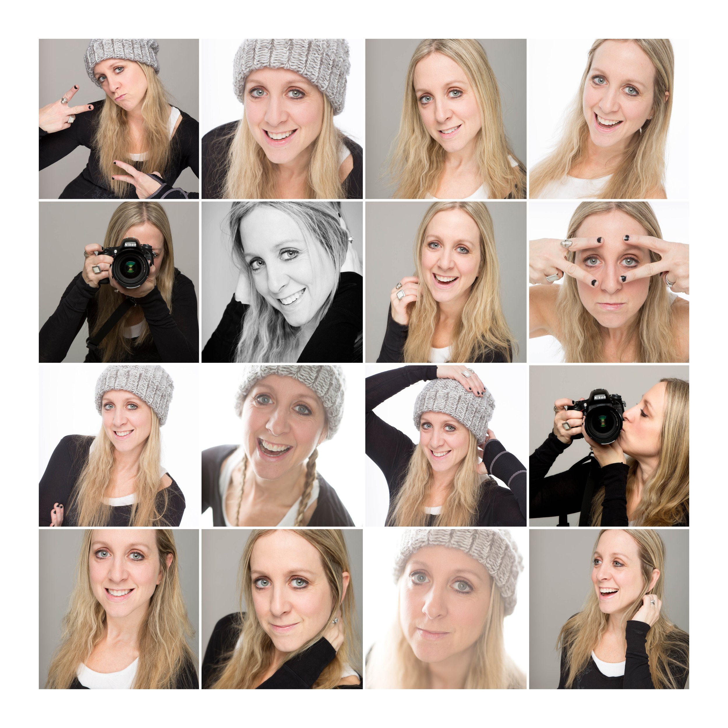 A collage of photos of a blonde woman with blue eyes in various poses, including smiling, looking thoughtful, holding a camera, covering one eye, and wearing a gray knit hat and black clothing.