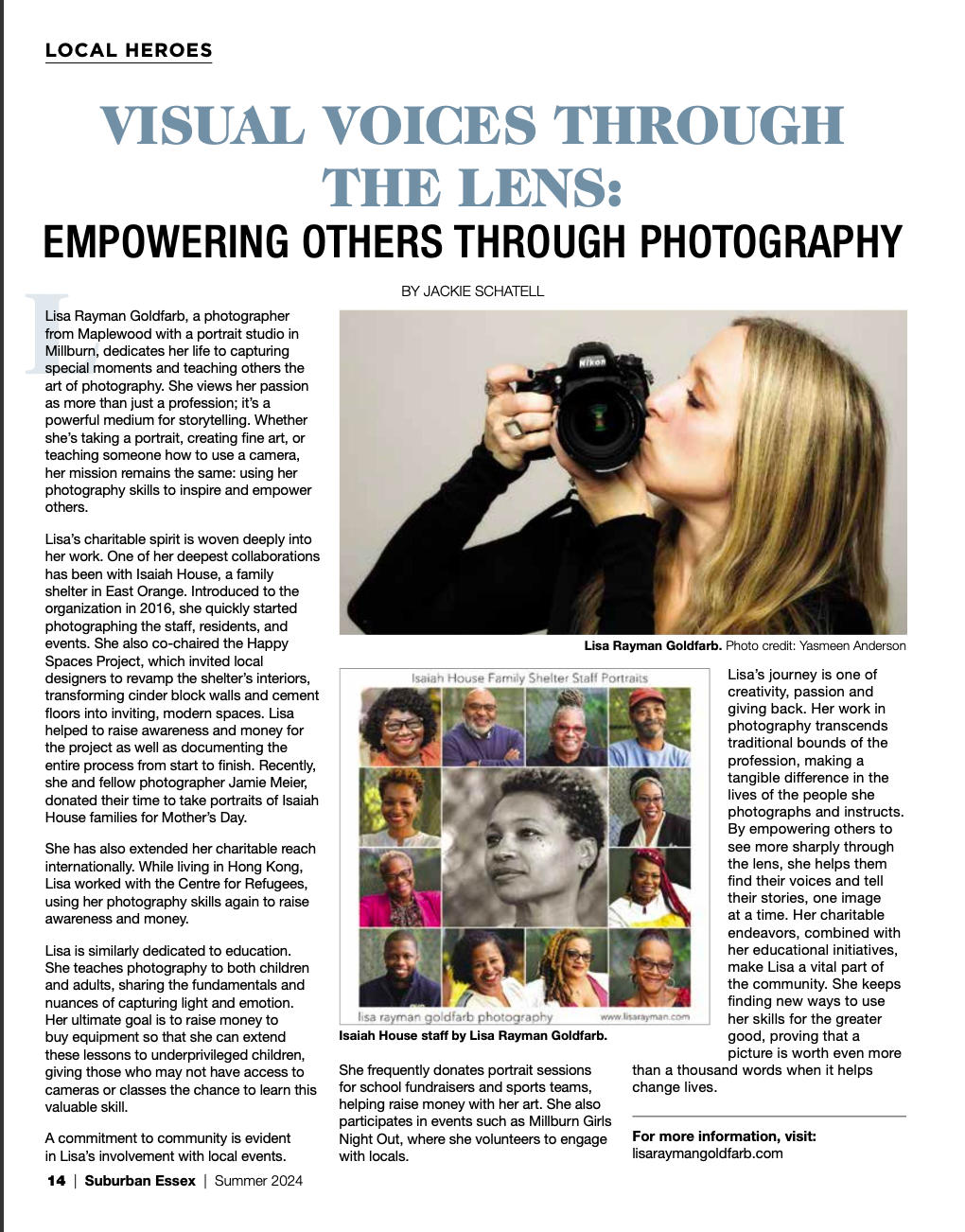 An article titled 'Visual Voices Through the Lens' featuring a woman holding a camera to her eye, with a collage of portraits of diverse Isaiah House staff members and a description of her community work and dedication to photography education.