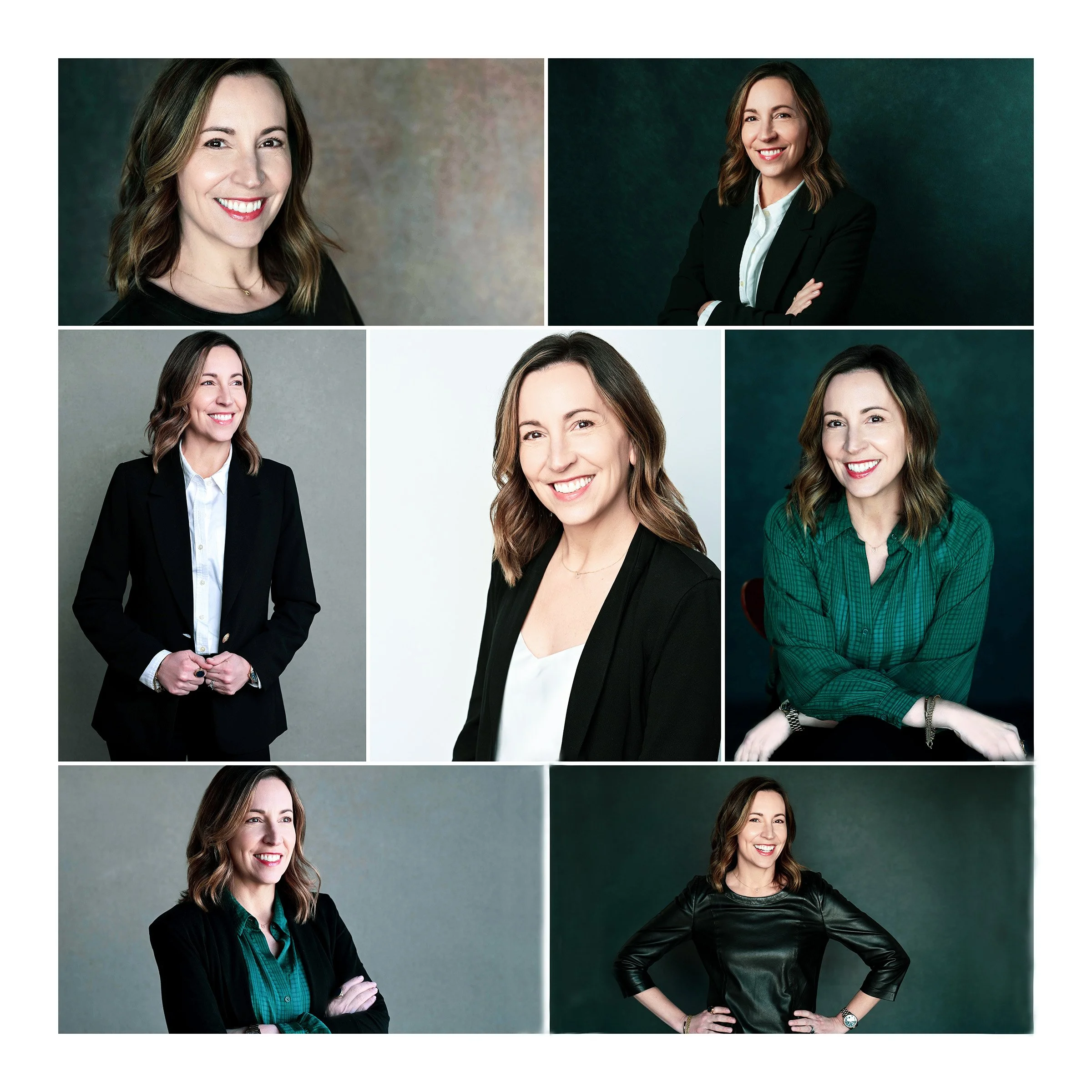 Collage of five headshots of a woman with shoulder-length brown hair, smiling, in different professional attire and backgrounds.