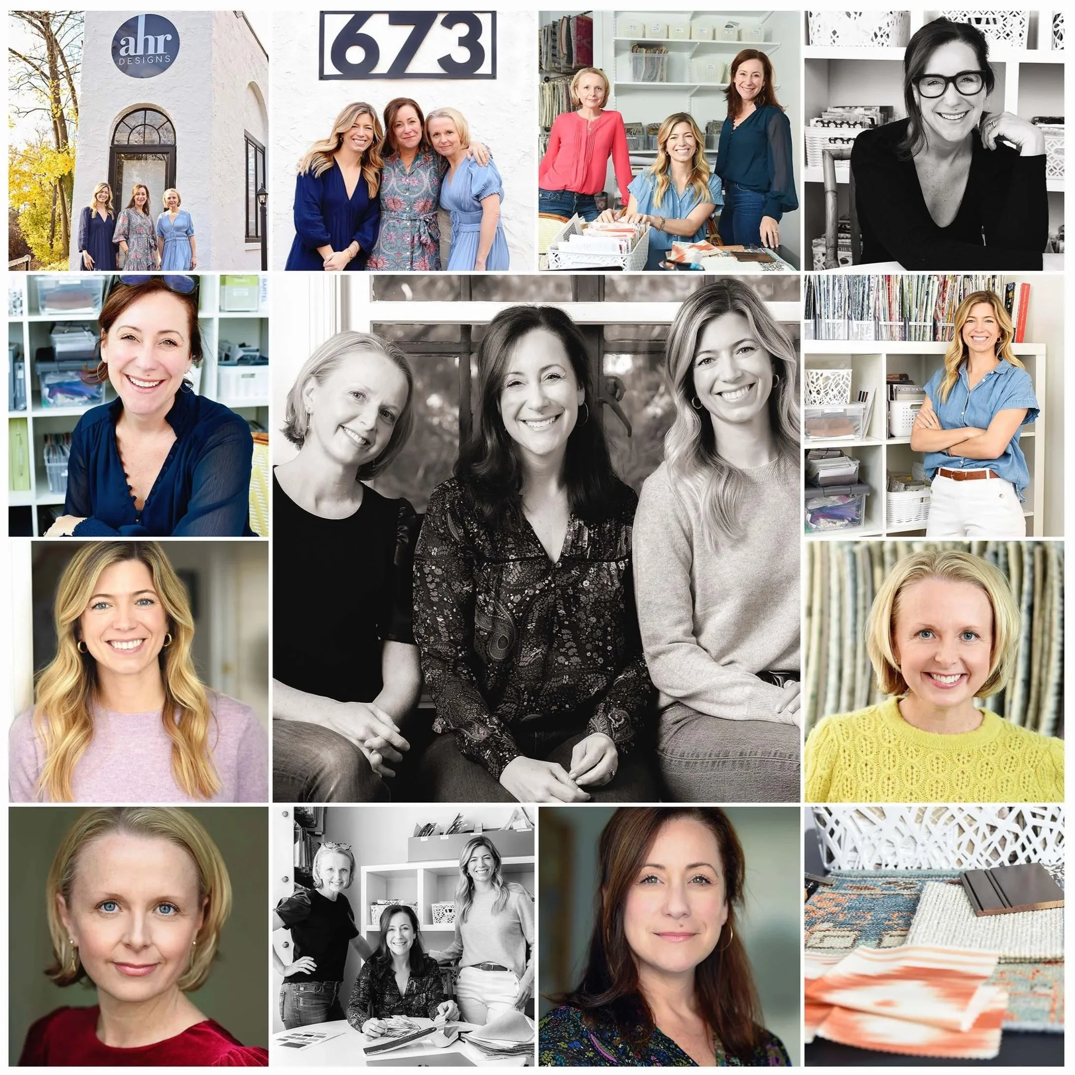 Collage of women in various settings, including a group photo outside a building, women in an office or craft room, and individual portraits, some in color and some in black and white.