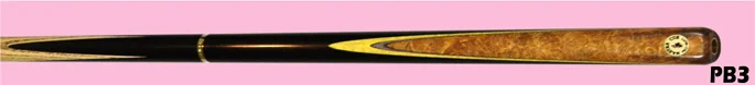 PB 3 Hand Made Cue. Top quality selected straight grain ash shaft in imported ebony butt. Their designed as one single front face "Maka Burr wood" over thick yellow / thin black veneer. 290€