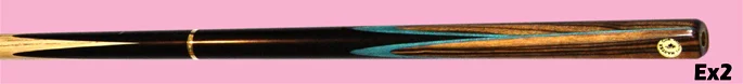 EX2 Hand Made Cue. Top quality selected straight grain ash shaft in imported ebony butt. Their designed as 4 secondary lower splices in "King wood" over blue veneers. 325€