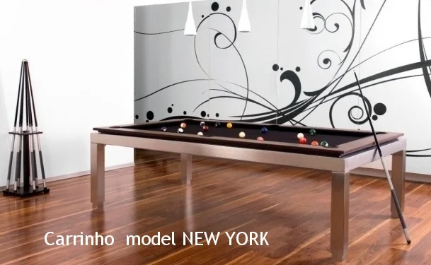 Dit prachtig model New York biljart/eettafel is modern, strak en ongelooflijk mooi van model, inox frame van topkwaliteit, 6 houtsoorten & lakkleuren beschikbaar, prijs vanaf € 6.395 vraag vrijblijvend onze prijslijst.