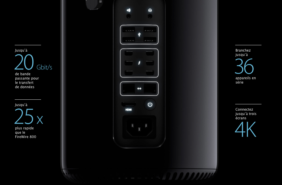 Apple met bien en avant les 6 ports Thunderbolt et la possibilité d'y connecter 36 périphériques.