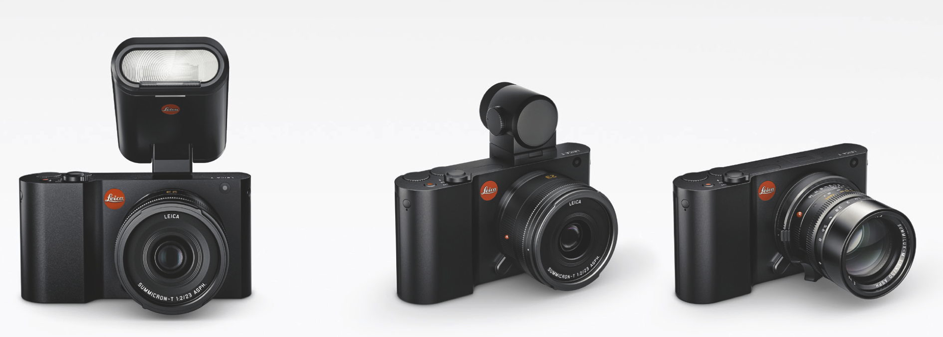 Déclinaison du Leica T. Un viseur externe EVF optionnel qui intègre une puce GPS. Leica vous offre la possibilité d’adapter des optiques Leica M. avec une bague livrée avec le boitier. Si le flash intégré, avec des LED pour la vidéo, ne suffit pas, Leica prévoit un flash externe. Dans ce cas, il faut ôter l'EVF et perdre la fonction GPS!